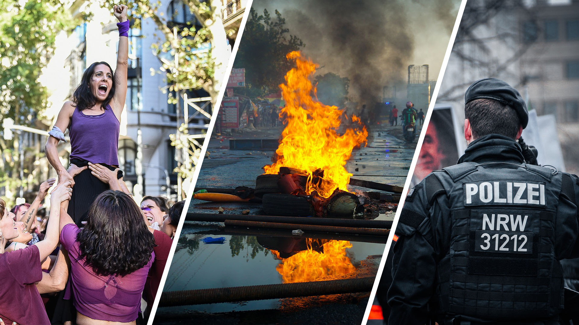 Auf einem dreigeteilten Bild steht: Links eine junge Aktivistin in Lila, die die linke Faust in den Himmel streckt und von Leuten hochgehoben wird. In der Mitte eine brennende Barrikade. Rechts ein Polizist der Polizei NRW mit dem Rücken zur Kamera.
